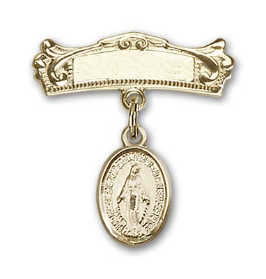 Baby Pin with Miraculous Charm and Arched Polished Engravable Badge Pin - Gold Filled