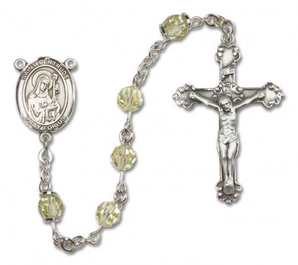 St. Gertrude of Nivelles Sterling Silver Heirloom Rosary Fancy Crucifix - Zircon