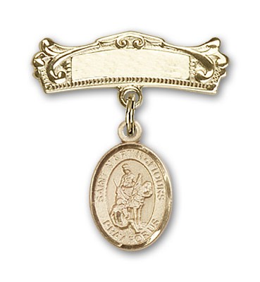 Pin Badge with St. Martin of Tours Charm and Arched Polished Engravable Badge Pin - 14K Solid Gold