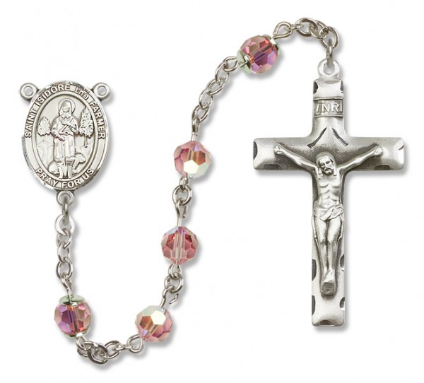 St. Isidore the Farmer Sterling Silver Heirloom Rosary Squared Crucifix - Light Rose