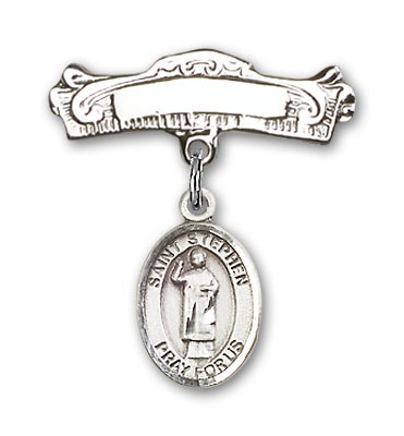 Pin Badge with St. Stephen the Martyr Charm and Arched Polished Engravable Badge Pin - Silver tone