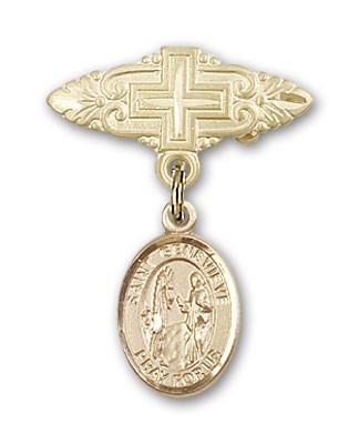 Pin Badge with St. Genevieve Charm and Badge Pin with Cross - 14K Solid Gold