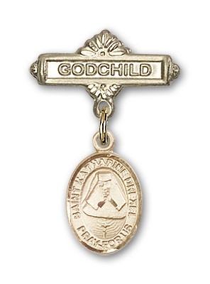 Pin Badge with St. Katherine Drexel Charm and Godchild Badge Pin - 14K Solid Gold