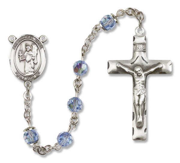 St. Uriel Sterling Silver Heirloom Rosary Squared Crucifix - Light Sapphire