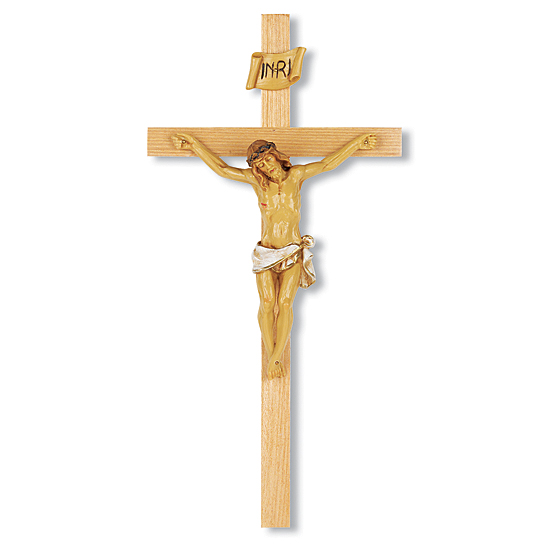 Oak Wall Crucifix with Hand-Painted Corpus - 13 inch - Brown