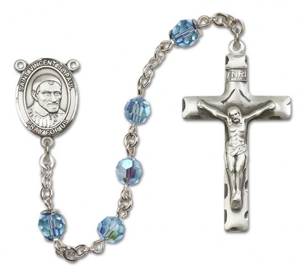 St. Vincent de Paul Sterling Silver Heirloom Rosary Squared Crucifix - Aqua