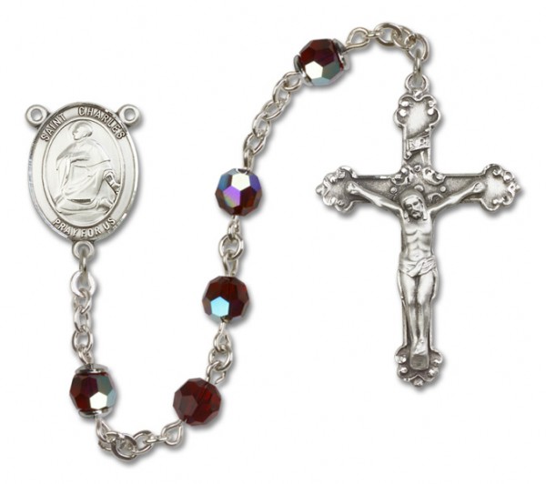 St. Charles Borromeo Sterling Silver Heirloom Rosary Fancy Crucifix - Garnet