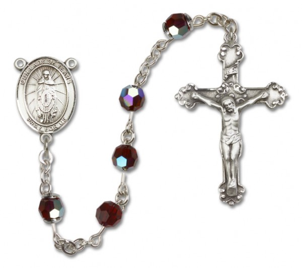 Our Lady of Tears Sterling Silver Heirloom Rosary Fancy Crucifix - Garnet
