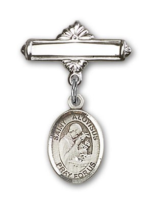 Pin Badge with St. Aloysius Gonzaga Charm and Polished Engravable Badge Pin - Silver tone