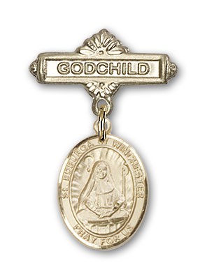 Pin Badge with St. Edburga of Winchester Charm and Godchild Badge Pin - 14K Solid Gold