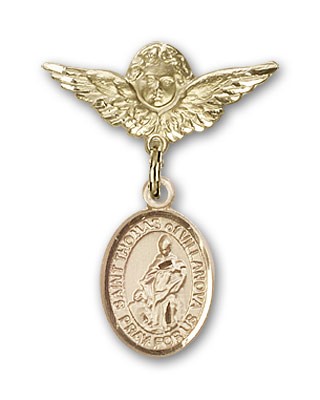 Pin Badge with St. Thomas of Villanova Charm and Angel with Smaller Wings Badge Pin - 14K Solid Gold