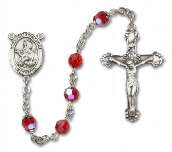 St. Francis Xavier Sterling Silver Heirloom Rosary Fancy Crucifix - Ruby Red