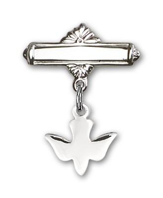 Pin with Holy Spirit Charm and Polished Engravable Badge Pin - Silver tone