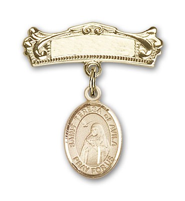 Pin Badge with St. Teresa of Avila Charm and Arched Polished Engravable Badge Pin - 14K Solid Gold