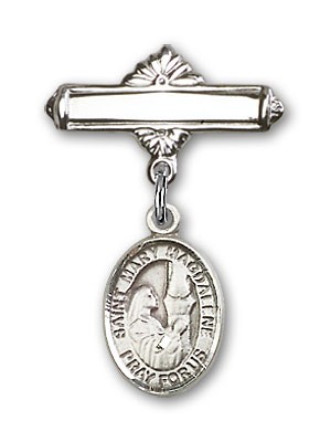 Pin Badge with St. Mary Magdalene Charm and Polished Engravable Badge Pin - Silver tone