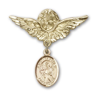 Pin Badge with St. Matthew the Apostle Charm and Angel with Larger Wings Badge Pin - Gold Tone