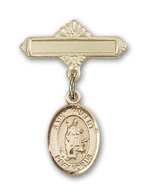 Pin Badge with St. Hubert of Liege Charm and Polished Engravable Badge Pin - Gold Tone
