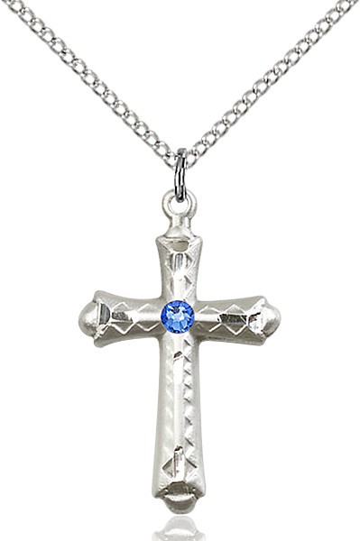Matte Cross Pendant with Diamond Etching Birthstone Options - Sapphire