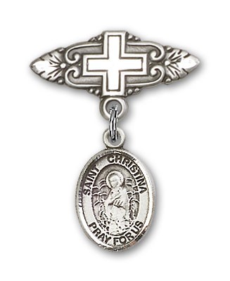 Pin Badge with St. Christina the Astonishing Charm and Badge Pin with Cross - Silver tone