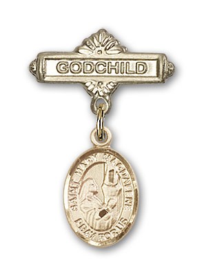 Pin Badge with St. Mary Magdalene Charm and Godchild Badge Pin - Gold Tone