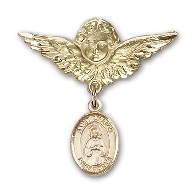 Pin Badge with St. Lillian Charm and Angel with Larger Wings Badge Pin - 14K Solid Gold