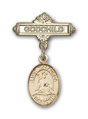 Pin Badge with St. Walburga Charm and Godchild Badge Pin - 14K Solid Gold