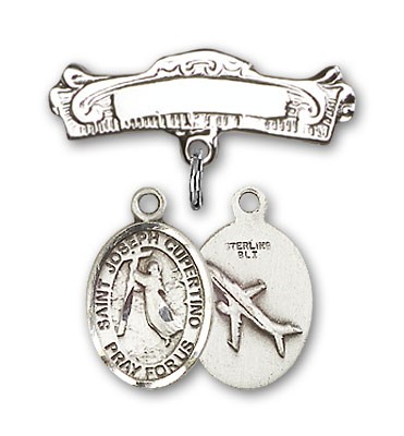 Pin Badge with St. Joseph of Cupertino Charm and Arched Polished Engravable Badge Pin - Silver tone