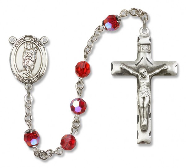St. Victor of Marseilles Sterling Silver Heirloom Rosary Squared Crucifix - Ruby Red