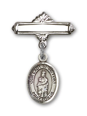 Pin Badge with Our Lady of Victory Charm and Polished Engravable Badge Pin - Silver tone