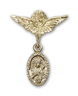 Pin Badge with Our Lady of Czestochowa Charm and Angel with Smaller Wings Badge Pin - 14K Solid Gold