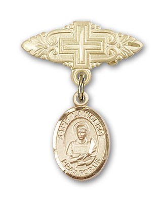 Pin Badge with St. Lawrence Charm and Badge Pin with Cross - 14K Solid Gold