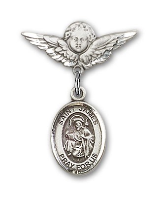 Pin Badge with St. James the Greater Charm and Angel with Smaller Wings Badge Pin - Silver tone