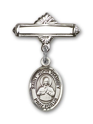 Pin Badge with St. John Vianney Charm and Polished Engravable Badge Pin - Silver tone