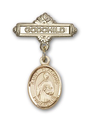 Pin Badge with St. Placidus Charm and Godchild Badge Pin - 14K Solid Gold