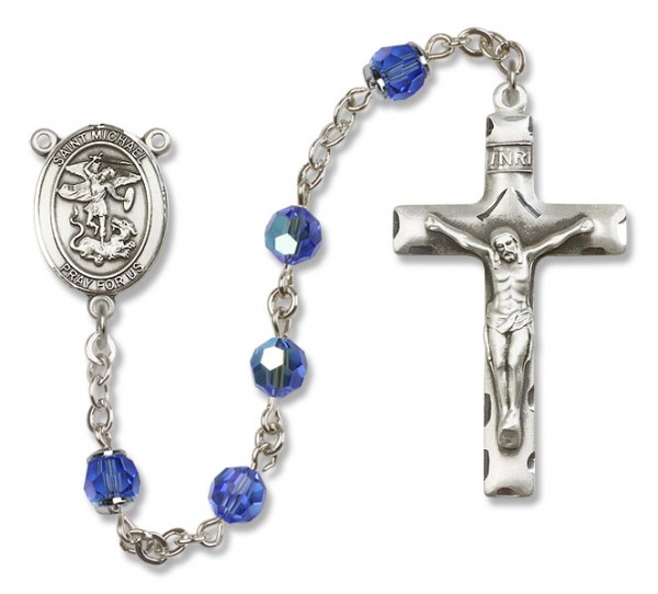 St. Michael the Archangel Sterling Silver Heirloom Rosary Squared Crucifix - Sapphire