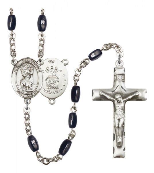 Men's St. Christopher Air Force Silver Plated Rosary - Black | Silver