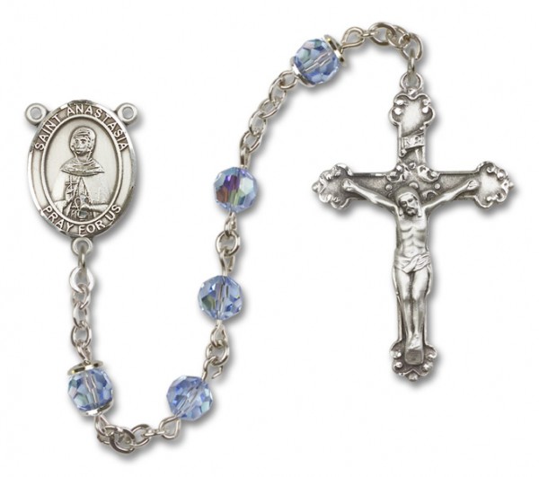 St. Anastasia Sterling Silver Heirloom Rosary Fancy Crucifix - Light Sapphire