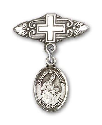 Pin Badge with St. Ambrose Charm and Badge Pin with Cross - Silver tone