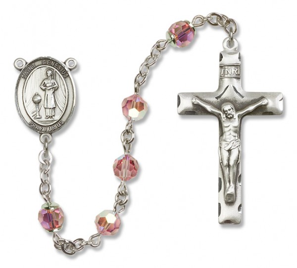 St. Genesius of Rome Sterling Silver Heirloom Rosary Squared Crucifix - Light Rose