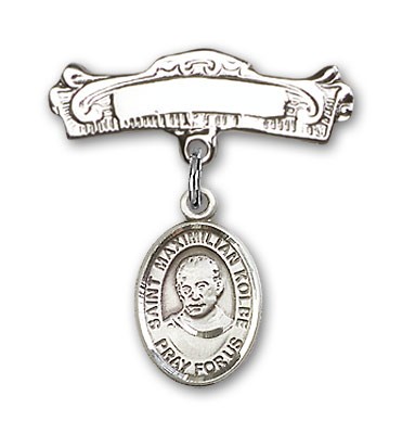 Pin Badge with St. Maximilian Kolbe Charm and Arched Polished Engravable Badge Pin - Silver tone