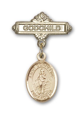 Pin Badge with St. Cornelius Charm and Godchild Badge Pin - Gold Tone