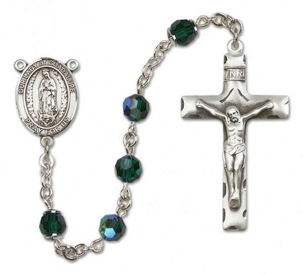 Our Lady of Guadalupe Sterling Silver Heirloom Rosary Squared Crucifix - Emerald Green