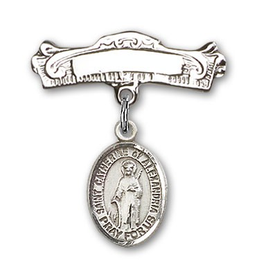 Pin Badge with St. Catherine of Alexandria Charm and Arched Polished Engravable Badge Pin - Silver tone