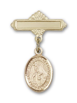 Pin Badge with St. Margaret of Cortona Charm and Polished Engravable Badge Pin - 14K Solid Gold
