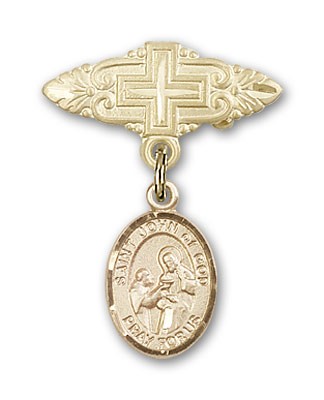 Pin Badge with St. John of God Charm and Badge Pin with Cross - Gold Tone