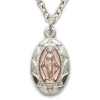 Sterling Silver Pink Enameled Oval Miraculous Baby Medal   - Silver | Pink