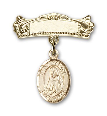 Pin Badge with St. Martha Charm and Arched Polished Engravable Badge Pin - 14K Solid Gold