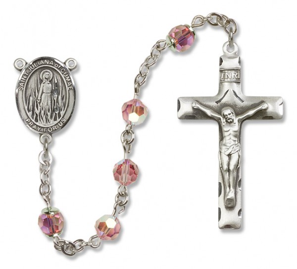 St. Juliana Sterling Silver Heirloom Rosary Squared Crucifix - Light Rose
