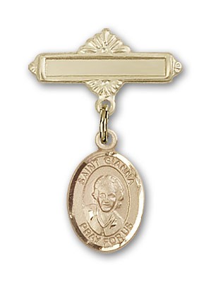 Pin Badge with St. Gianna Beretta Molla Charm and Polished Engravable Badge Pin - Gold Tone