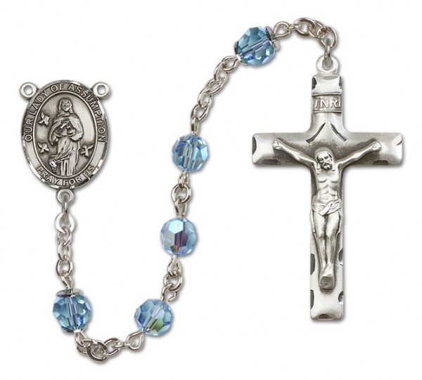 Our Lady of Assumption Sterling Silver Heirloom Rosary Squared Crucifix - Aqua